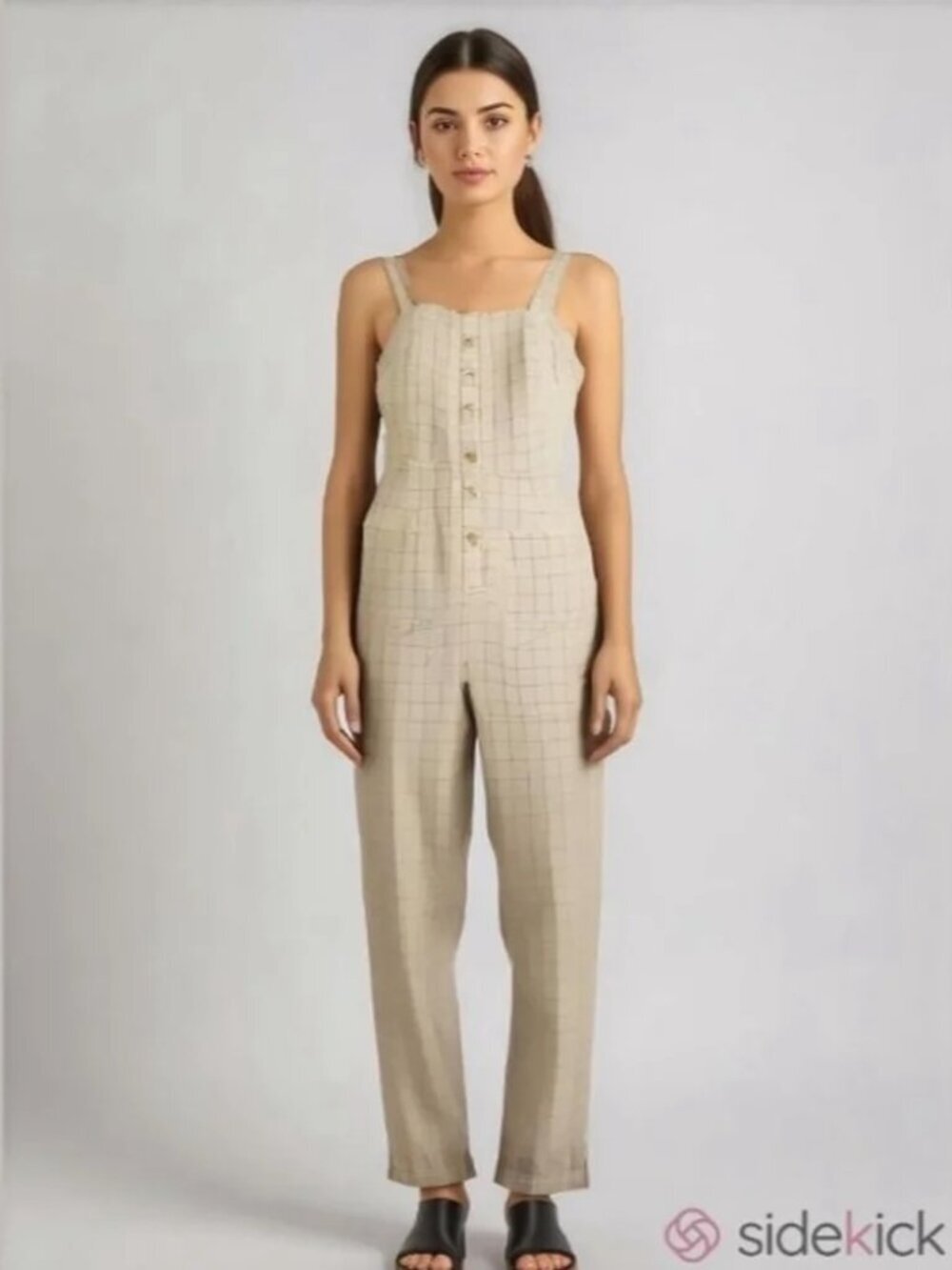 The Good Jane Linen Blend Wide-Leg Jumpsuit Women's M Natural Button Front Pocke
